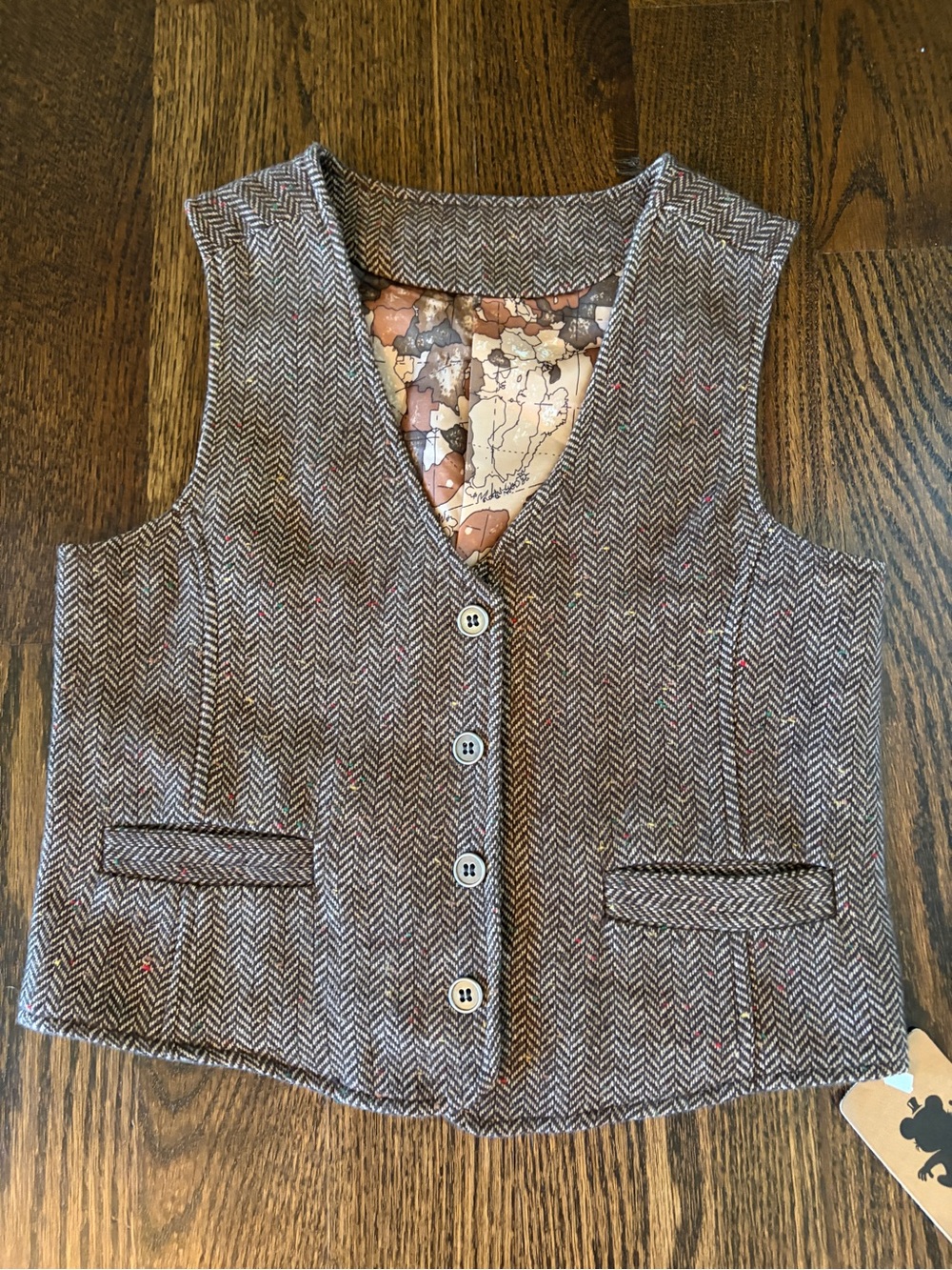 Boys 8T Classic Herringbone Wool Vest - Brown buttons and pockets
